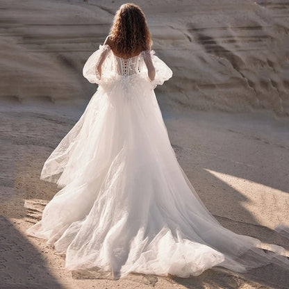 Boho Detachable Off Shoulder Long Puff Sleeves Wedding Dress Sweetheart Appliques Vestido De Noiva A Line Vestidos De Novia-payinti