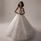 Boho Lace Appliques Wedding Dresses A Line Fuffy Tulle Ball Gowns Sleeveless V Neck Formal Bride Beach Party Vestido De Novia-payinti