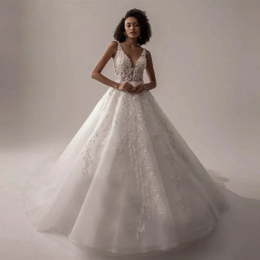 Boho Lace Appliques Wedding Dresses A Line Fuffy Tulle Ball Gowns Sleeveless V Neck Formal Bride Beach Party Vestido De Novia-payinti