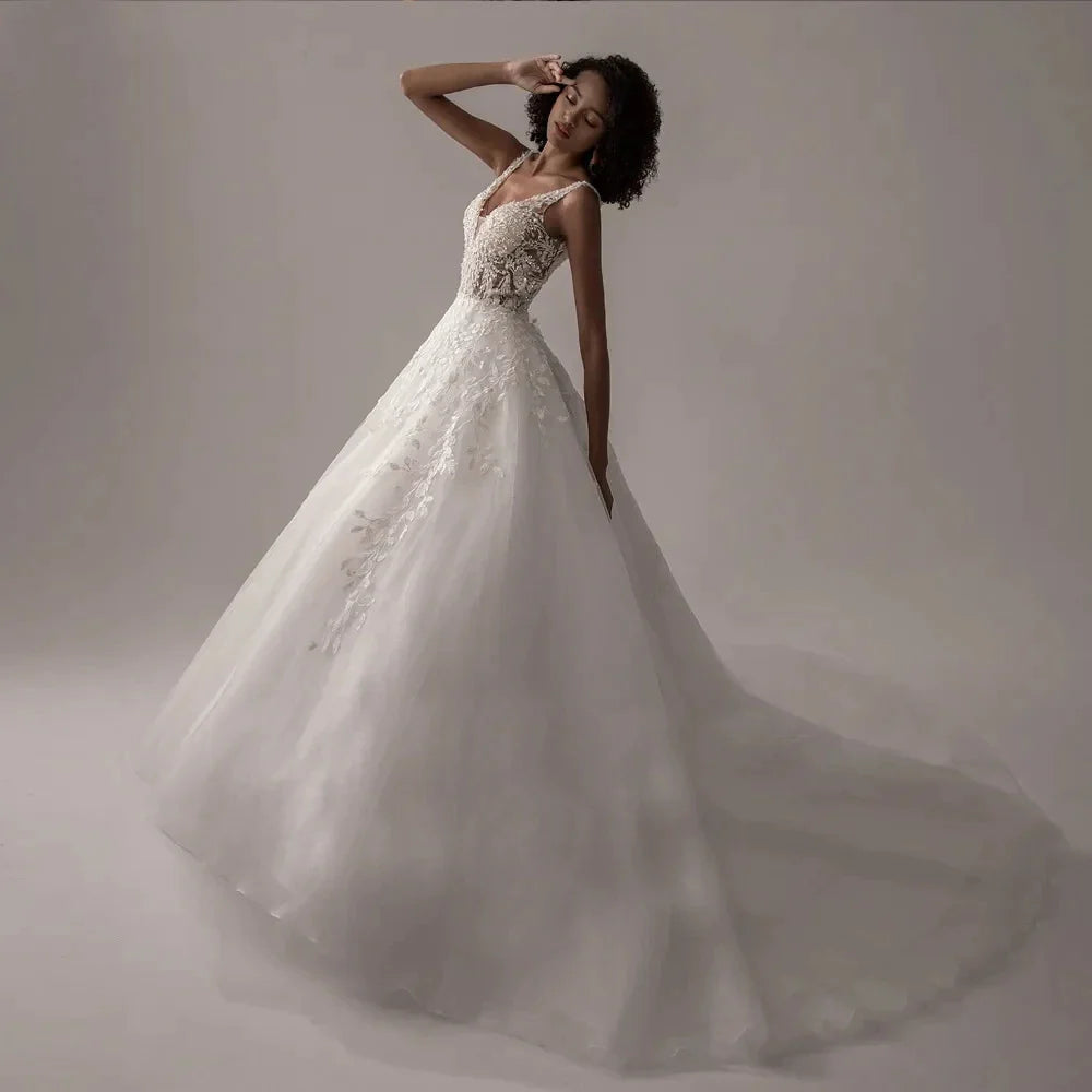 Boho Lace Appliques Wedding Dresses A Line Fuffy Tulle Ball Gowns Sleeveless V Neck Formal Bride Beach Party Vestido De Novia-payinti