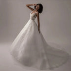 Boho Lace Appliques Wedding Dresses A Line Fuffy Tulle Ball Gowns Sleeveless V Neck Formal Bride Beach Party Vestido De Novia-payinti