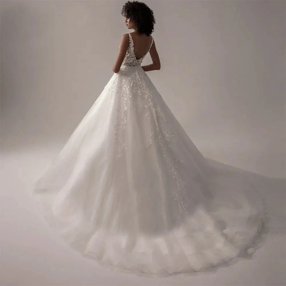 Boho Lace Appliques Wedding Dresses A Line Fuffy Tulle Ball Gowns Sleeveless V Neck Formal Bride Beach Party Vestido De Novia-payinti
