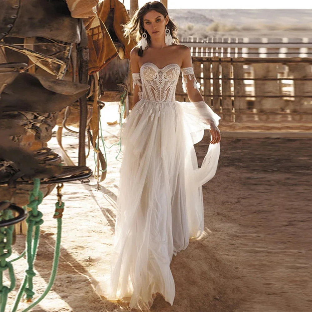 Boho Lace Tassel Tulle Beach Wedding Dresses Sweetheart Neck Off The Shoulder A-Line Illusion Lace Up Backless 2023 Bridal Gowns-payinti