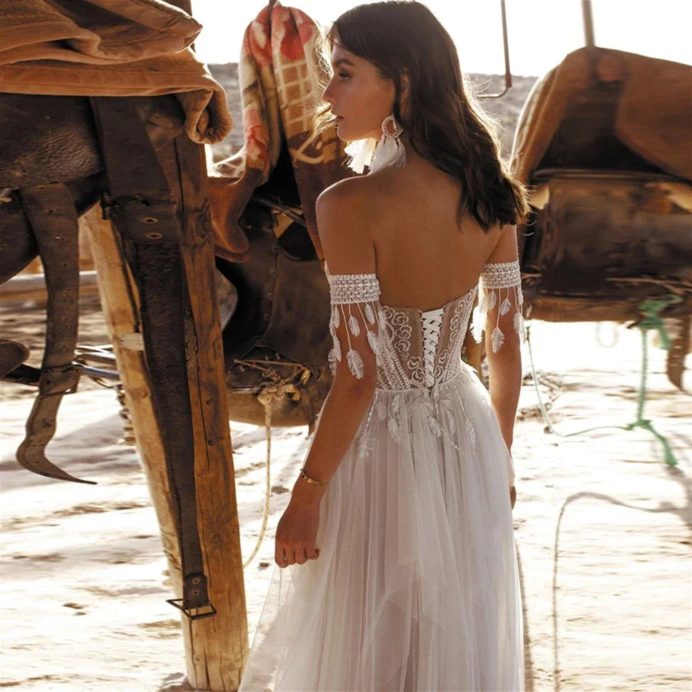 Boho Lace Tassel Tulle Beach Wedding Dresses Sweetheart Neck Off The Shoulder A-Line Illusion Lace Up Backless 2023 Bridal Gowns-payinti