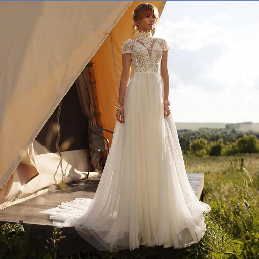 Boho Lace Tulle High Neck Wedding Dresses Women's Cap Sleeves A-Line Bohemian Bridal Gowns Vintage Elegant Robes De Mariée-payinti
