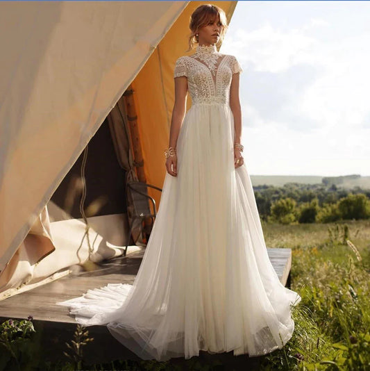 Boho Lace Tulle High Neck Wedding Dresses Women's Cap Sleeves A-Line Bohemian Bridal Gowns Vintage Elegant Robes De Mariée-payinti