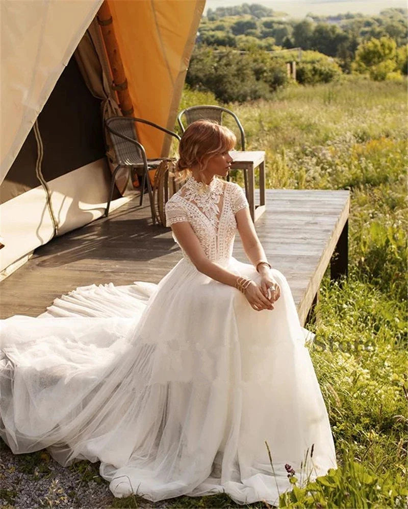 Boho Lace Tulle High Neck Wedding Dresses Women's Cap Sleeves A-Line Bohemian Bridal Gowns Vintage Elegant Robes De Mariée-payinti