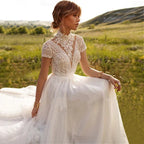 Boho Lace Tulle High Neck Wedding Dresses Women's Cap Sleeves A-Line Bohemian Bridal Gowns Vintage Elegant Robes De Mariée-payinti