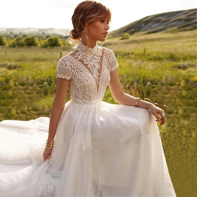 Boho Lace Tulle High Neck Wedding Dresses Women's Cap Sleeves A-Line Bohemian Bridal Gowns Vintage Elegant Robes De Mariée-payinti