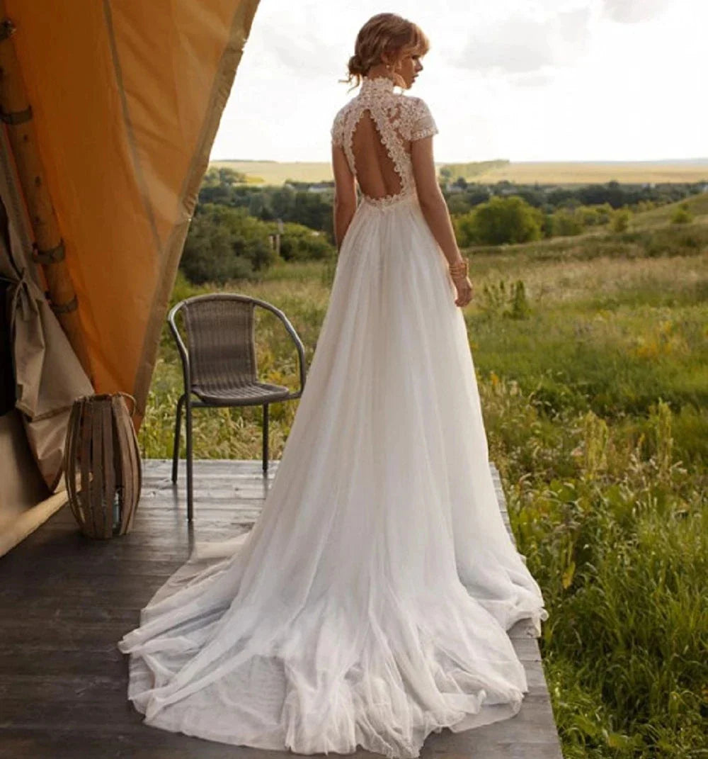 Boho Lace Tulle High Neck Wedding Dresses Women's Cap Sleeves A-Line Bohemian Bridal Gowns Vintage Elegant Robes De Mariée-payinti