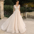 Boho Lace Tulle Wedding Dress Princess Champagne A-Line V-Neck Long Sleeves Appliques Illusion Backless With Button Bridal Gown-payinti