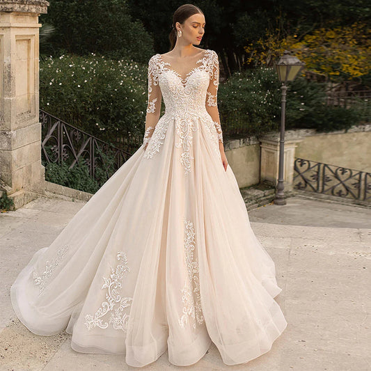 Boho Lace Tulle Wedding Dress Princess Champagne A-Line V-Neck Long Sleeves Appliques Illusion Backless With Button Bridal Gown-payinti