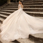Boho Lace Tulle Wedding Dress Princess Champagne A-Line V-Neck Long Sleeves Appliques Illusion Backless With Button Bridal Gown-payinti
