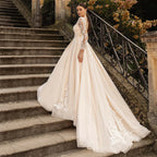 Boho Lace Tulle Wedding Dress Princess Champagne A-Line V-Neck Long Sleeves Appliques Illusion Backless With Button Bridal Gown-payinti