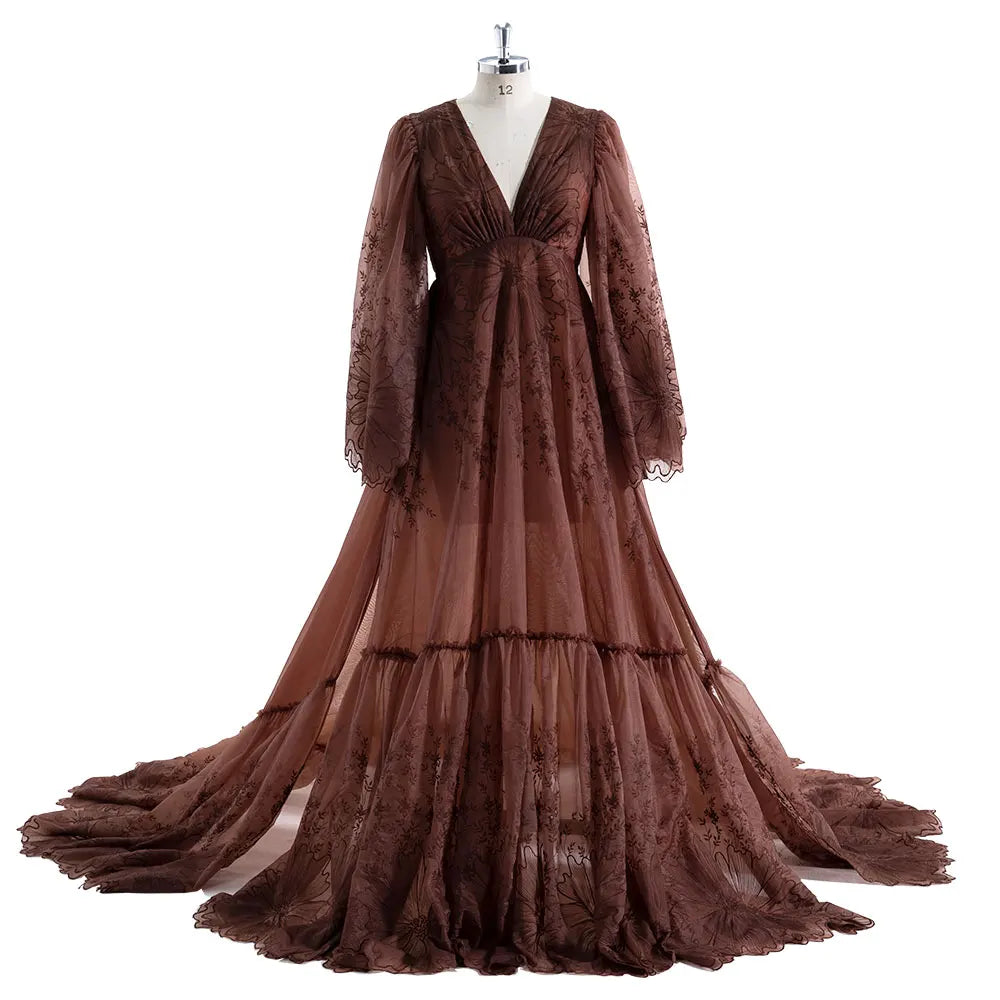 Vestido de maternidad bohemio de manga larga con abertura lateral y encaje para sesiones fotográficas, accesorios de fotografía, vestidos para sesiones de fotos de embarazo Sunnderly SY230743 