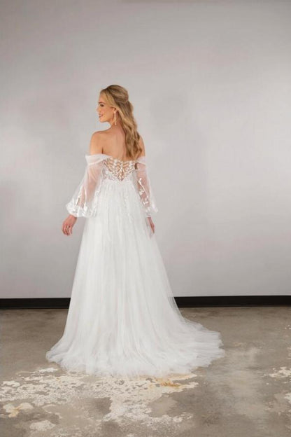Vestidos de novia bohemios largos blancos de corte A con hombros descubiertos, encaje y mangas largas