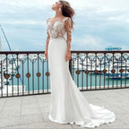 Mermaid Wedding Dresses Long Sleeves Sheer Scoop Neckline Applique Satin Buttons Back Beach Bridal Gowns Sweep Train 2023-payinti