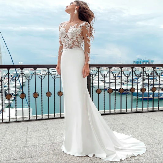 Mermaid Wedding Dresses Long Sleeves Sheer Scoop Neckline Applique Satin Buttons Back Beach Bridal Gowns Sweep Train 2023-payinti