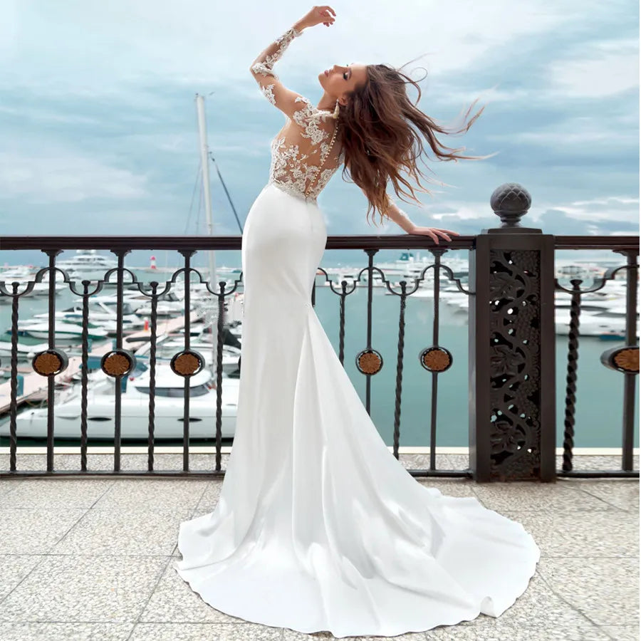Mermaid Wedding Dresses Long Sleeves Sheer Scoop Neckline Applique Satin Buttons Back Beach Bridal Gowns Sweep Train 2023-payinti