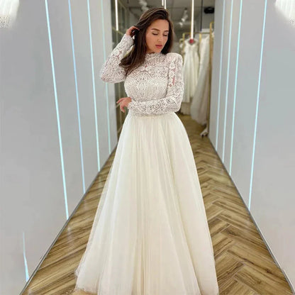 Romantic Wedding Dresses Mermaid High Neck Long Sleeves Exquisite Lace Appliques Princess Style Beach Mopping Bride Gowns-payinti