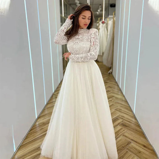 Romantic Wedding Dresses Mermaid High Neck Long Sleeves Exquisite Lace Appliques Princess Style Beach Mopping Bride Gowns-payinti