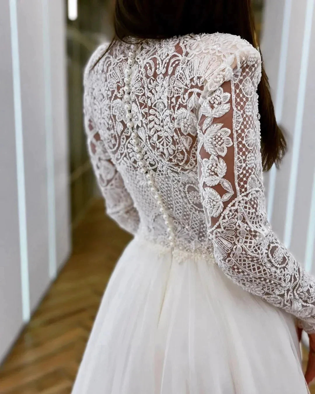 Romantic Wedding Dresses Mermaid High Neck Long Sleeves Exquisite Lace Appliques Princess Style Beach Mopping Bride Gowns-payinti