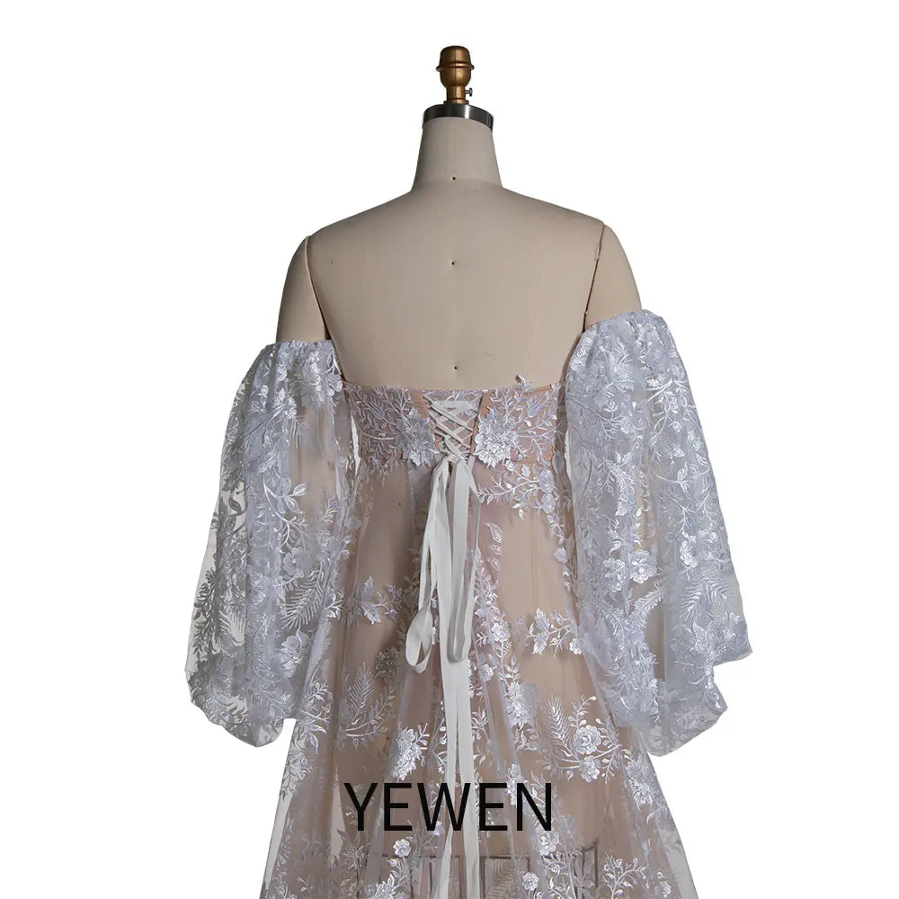 Vestido de maternidad estilo bohemio de tul con encaje y hombros descubiertos para sesión de fotos, Sunnderly SY220225-1 