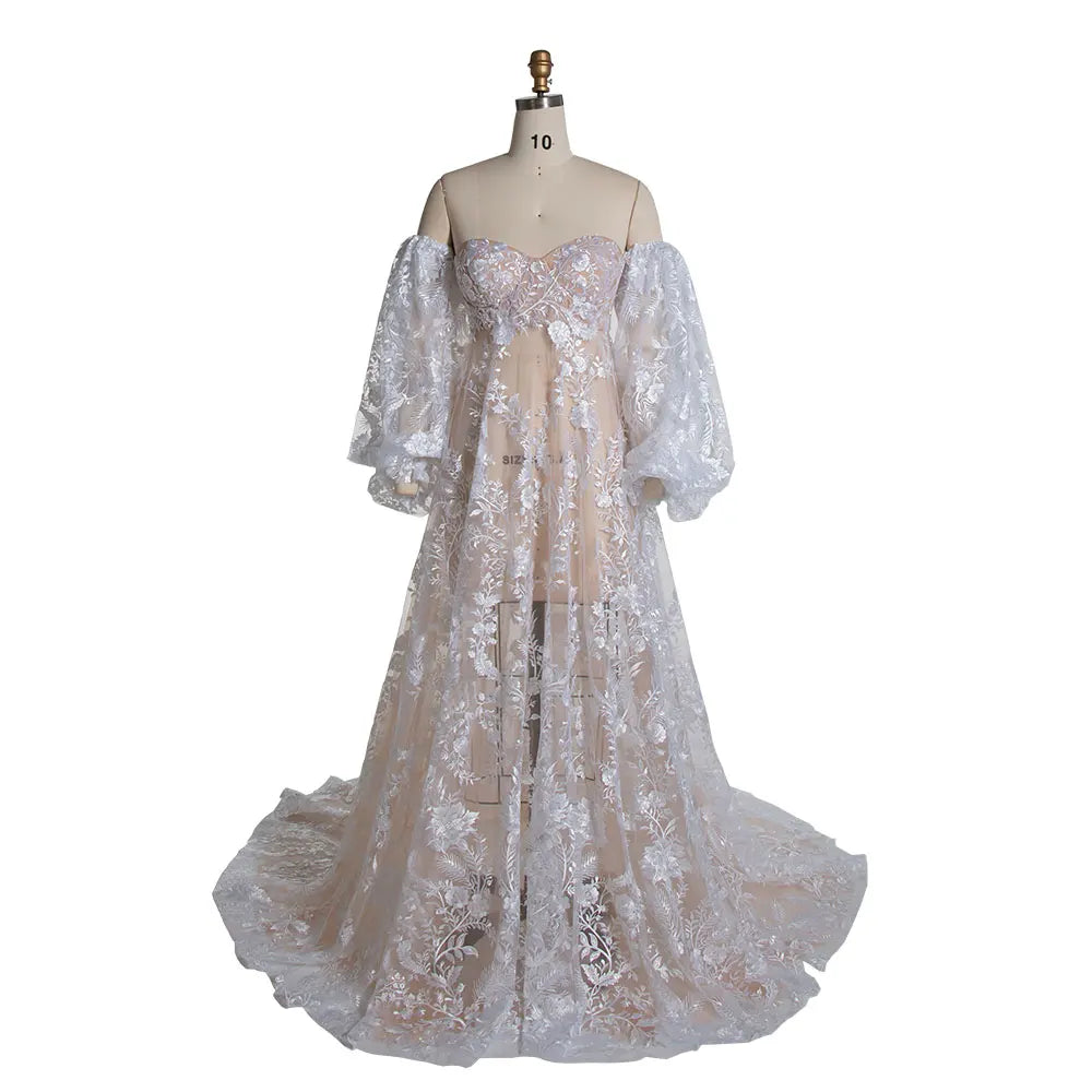 Vestido de maternidad estilo bohemio de tul con encaje y hombros descubiertos para sesión de fotos, Sunnderly SY220225-1 