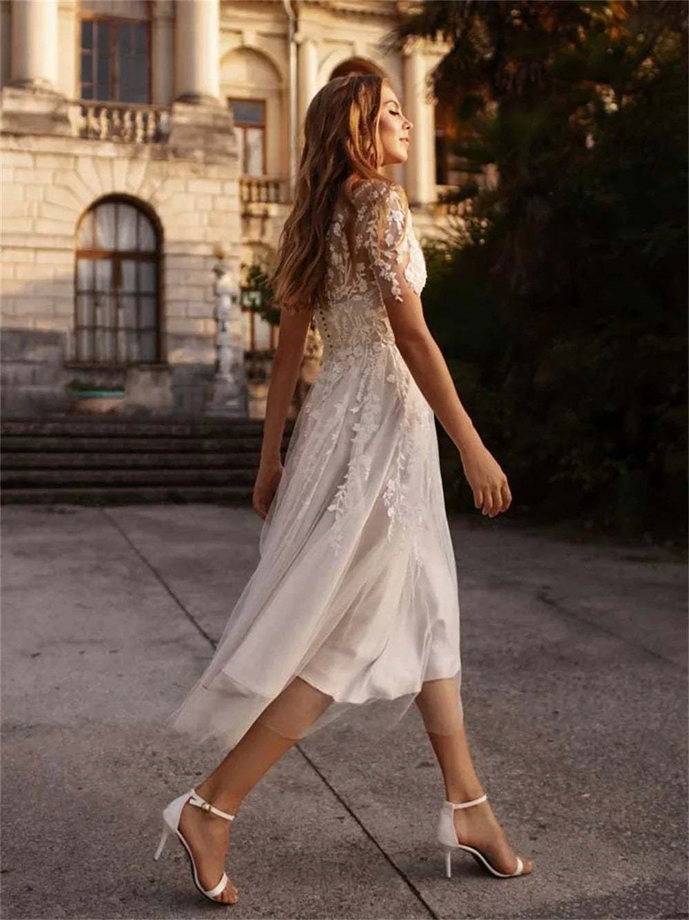 Sweetheart Neck A-Line Wedding Dresses For Women Appliques Lace Buttons Short Sleeves Tulle Bridal Gowns Robe De Mariée-payinti