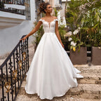 Boho Wedding Dress Cap Sleeves Illusion Neck Appliqued Satin Bridal Dress Beach Princess Plus Size Wedding Gowns Custom Mad-payinti