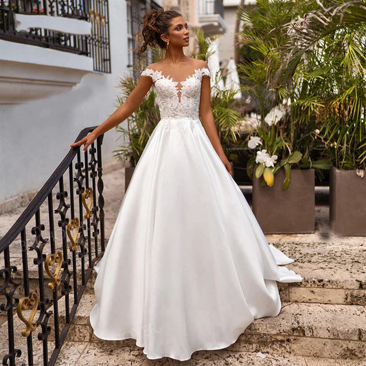 Boho Wedding Dress Cap Sleeves Illusion Neck Appliqued Satin Bridal Dress Beach Princess Plus Size Wedding Gowns Custom Mad-payinti