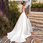 Boho Wedding Dress Cap Sleeves Illusion Neck Appliqued Satin Bridal Dress Beach Princess Plus Size Wedding Gowns Custom Mad-payinti