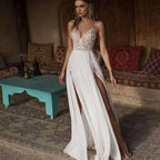 Boho Wedding Dress Sexy Slit Beach Wedding Dress V Neck Bridal Gown Spaghetti Strap Chiffon Backless Vestido De Noiva Brautkleid-payinti