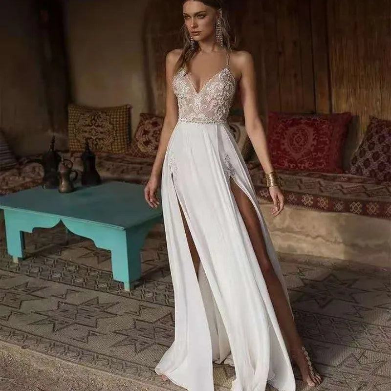 Boho Wedding Dress Sexy Slit Beach Wedding Dress V Neck Bridal Gown Spaghetti Strap Chiffon Backless Vestido De Noiva Brautkleid-payinti