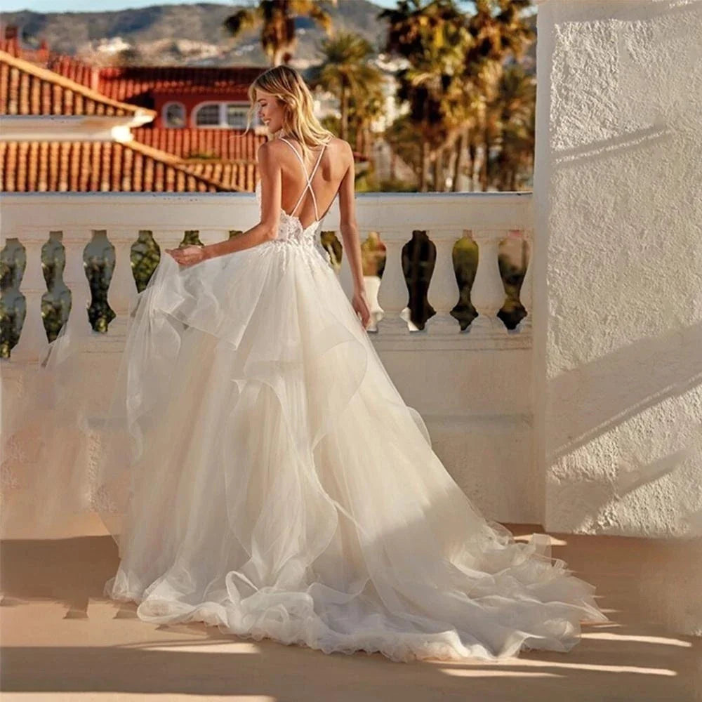 Boho Wedding Dresses Spaghetti Straps Vestidos De Novia Appliques Vestido De Noiva Backless Lace Robe De Mariée-payinti