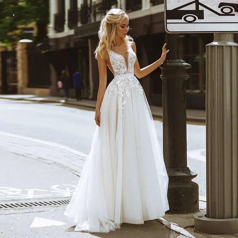 Boho Wedding Dresses V-Neck Appliques Lace A-Line Tulle Wedding Gown Beach Simple Bridal Dress bestidos de novia-payinti