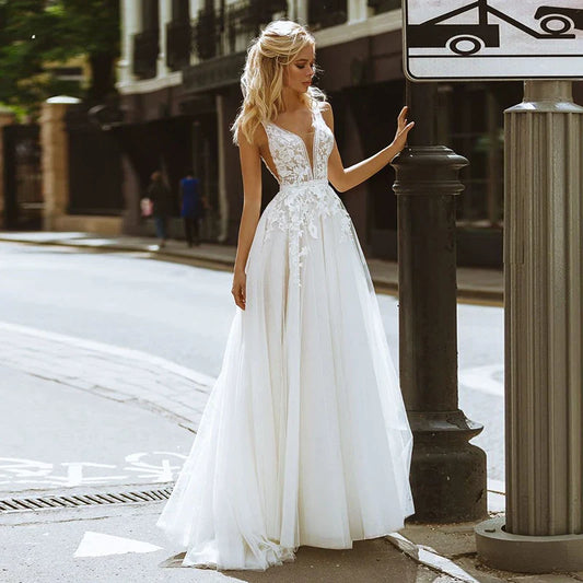 Boho Wedding Dresses V-Neck Appliques Lace A-Line Tulle Wedding Gown Beach Simple Bridal Dress bestidos de novia-payinti