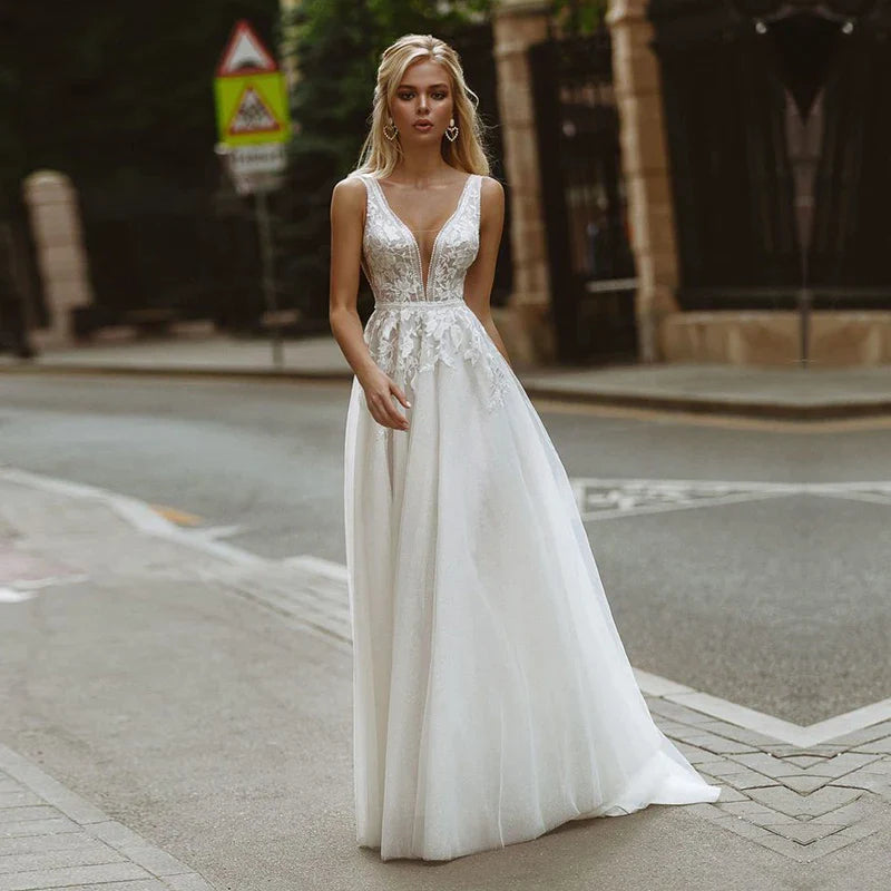 Boho Wedding Dresses V-Neck Appliques Lace A-Line Tulle Wedding Gown Beach Simple Bridal Dress bestidos de novia-payinti