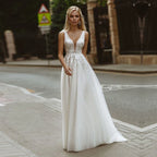 Boho Wedding Dresses V-Neck Appliques Lace A-Line Tulle Wedding Gown Beach Simple Bridal Dress bestidos de novia-payinti