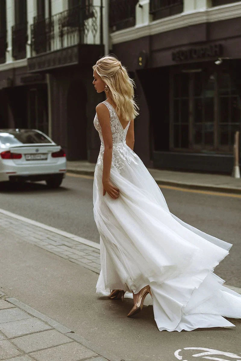 Boho Wedding Dresses V-Neck Appliques Lace A-Line Tulle Wedding Gown Beach Simple Bridal Dress bestidos de novia-payinti