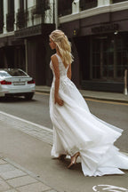 Boho Wedding Dresses V-Neck Appliques Lace A-Line Tulle Wedding Gown Beach Simple Bridal Dress bestidos de novia-payinti