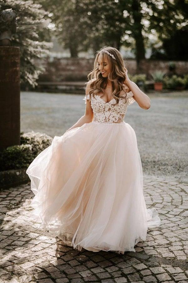 A-Linie Boho Champagner Off The Shoulder Brautkleid Brautkleid WD583