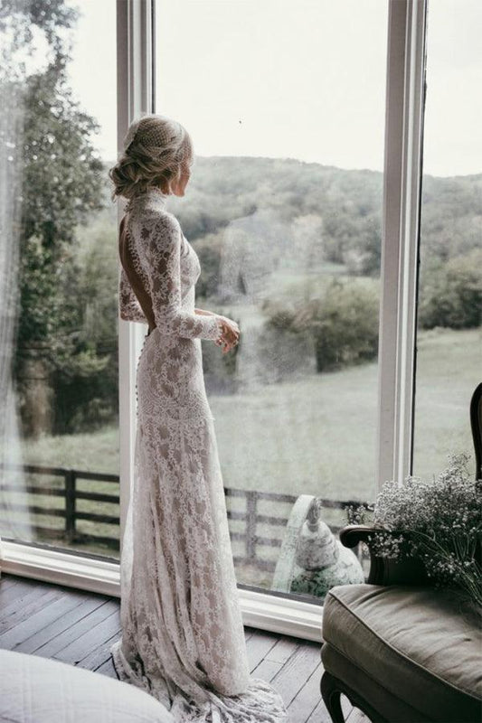 Vestidos de novia bohemios de encaje, escote alto y mangas largas, estilo rústico, WD594