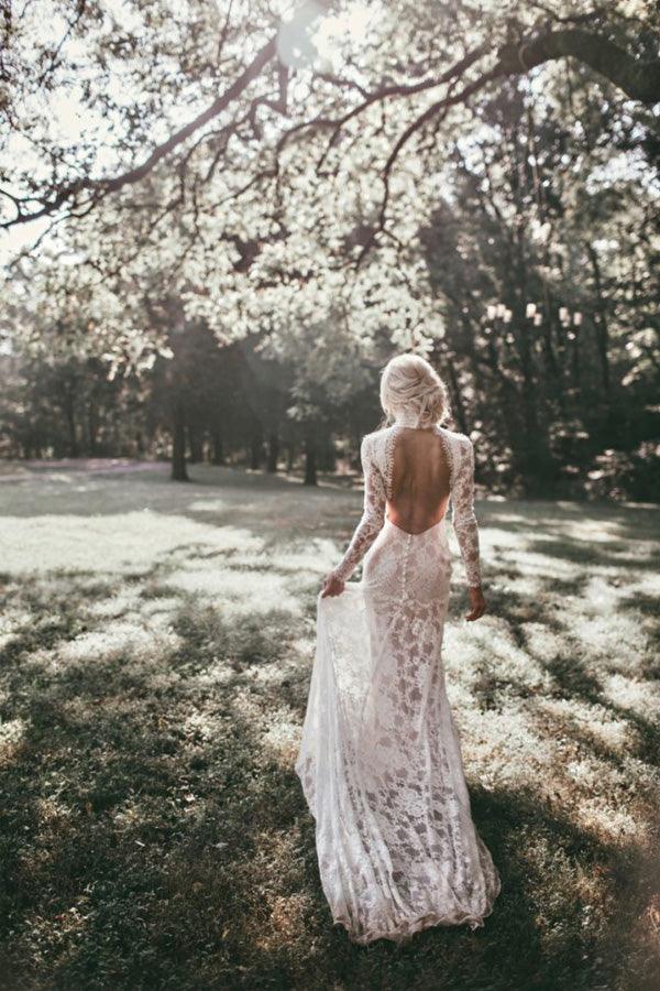 Vestidos de novia bohemios de encaje, escote alto y mangas largas, estilo rústico, WD594