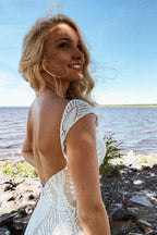 Boho Lace Sheath Sweep Train Sheath Beach Wedding Dresses  WD592