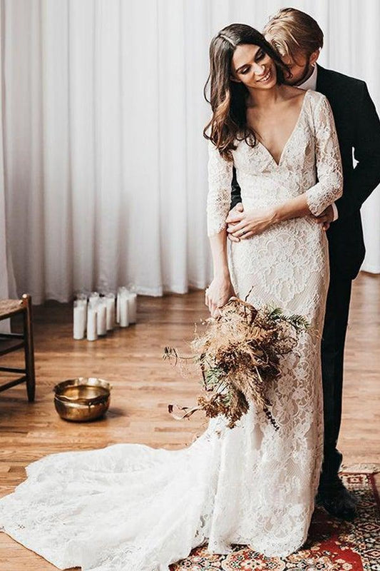 Vestido de novia estilo sirena con escote en V y encaje bohemio, WD581