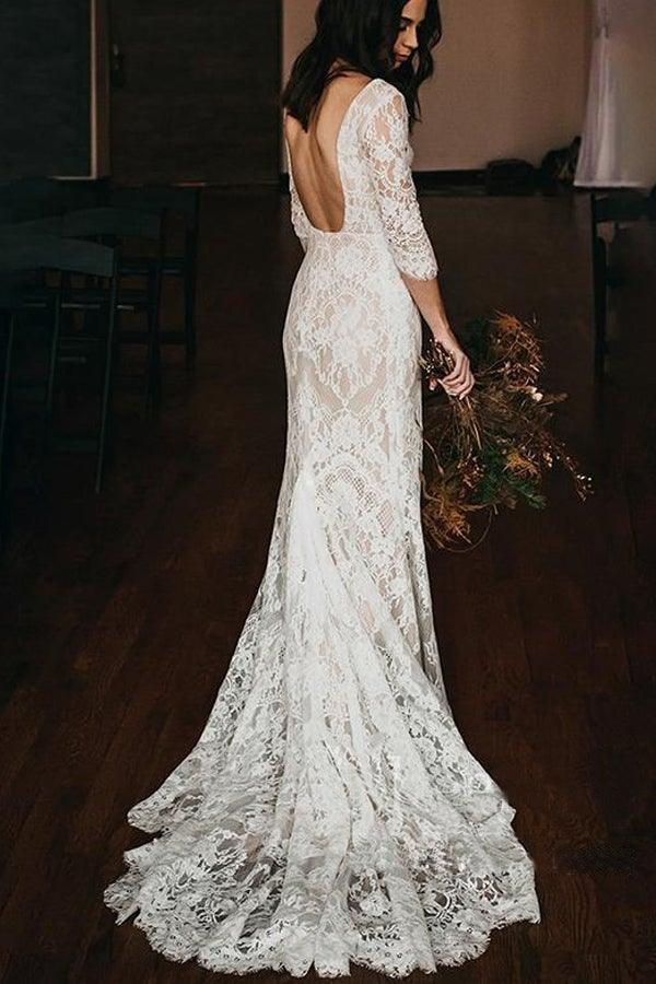 Boho Spitze V-Ausschnitt Meerjungfrau Brautkleider mit Hofschleppe WD581
