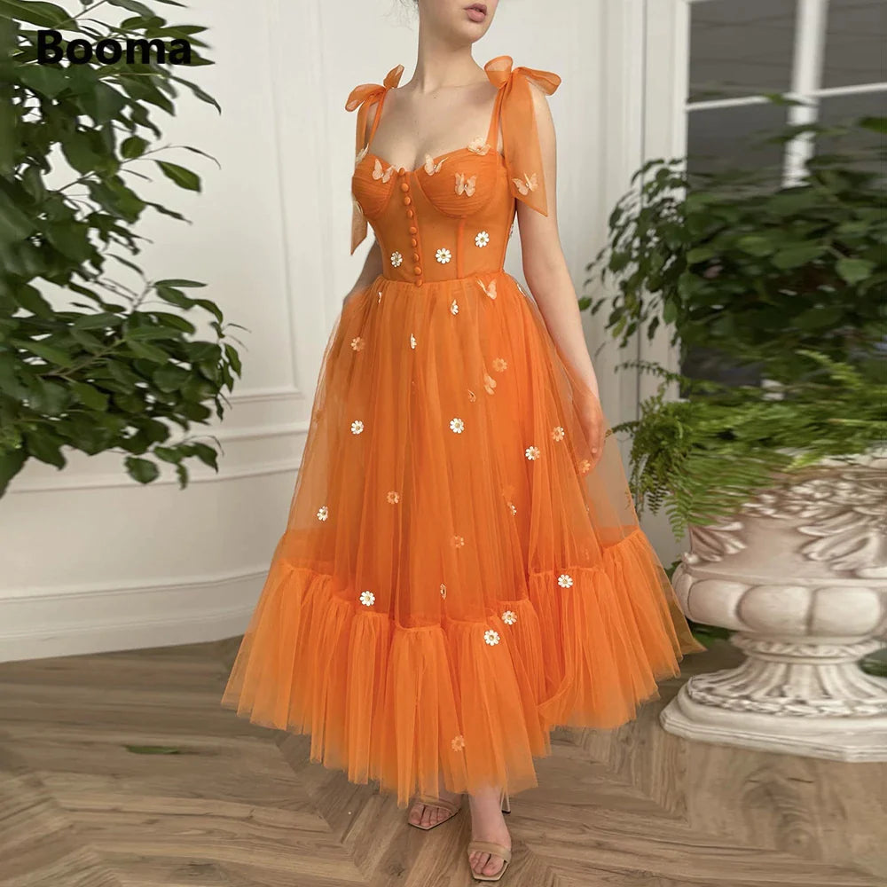 Booma Sweetheart Orange Tulle Prom Dresses Bow Straps Daisy Flowers Tea-Length Prom Gowns A-Line Midi Wedding Party Dresses-payinti