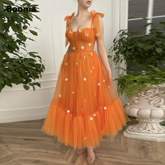Booma Sweetheart Orange Tulle Prom Dresses Bow Straps Daisy Flowers Tea-Length Prom Gowns A-Line Midi Wedding Party Dresses-payinti