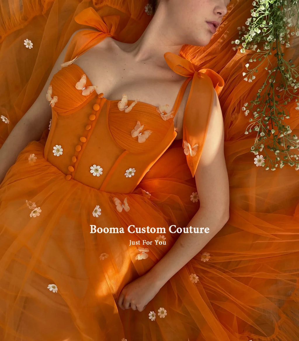 Booma Sweetheart Orange Tulle Prom Dresses Bow Straps Daisy Flowers Tea-Length Prom Gowns A-Line Midi Wedding Party Dresses-payinti